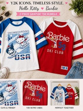 Y2K Hello Kitty Barbie Graphic Tee Bundle Women’s Trendy Retro Cute Tops 2pc